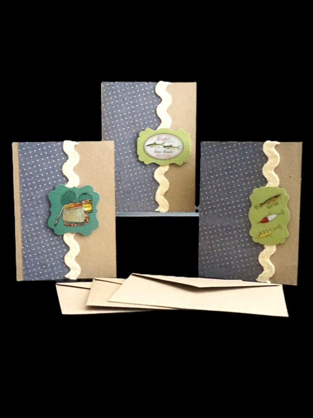 3 Handmade Greeting Cards Kraft Embellished Fishing Fisherman Birthday